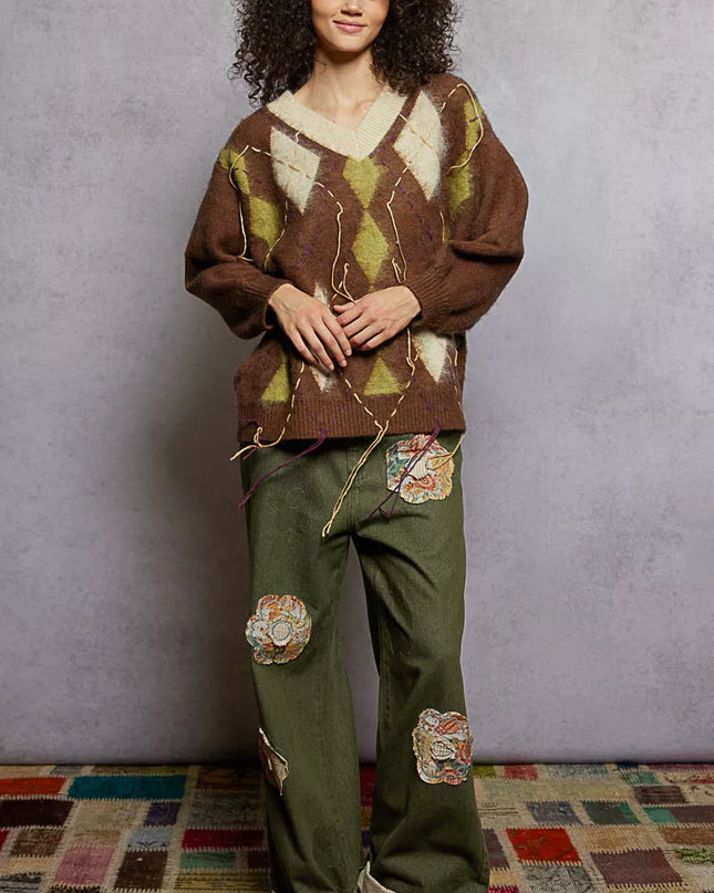 POL V-Neck Argyle Pattern Mohair Sweater with Contrast Exposed Stitch Detail - Sleekdenim.com