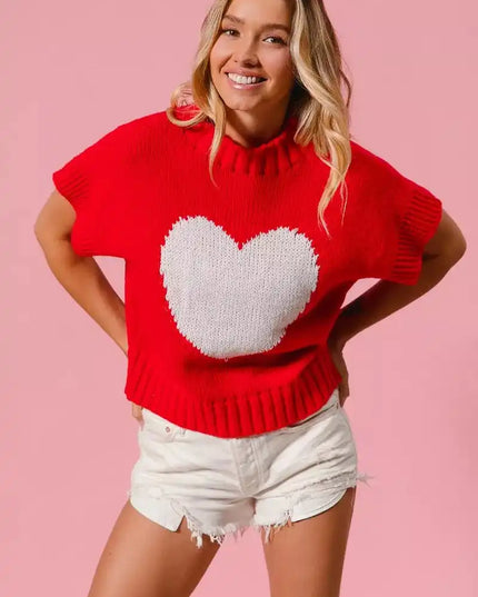 BiBi Rib Banded Heart Pattern Valentines Sweater - Sleekdenim.com