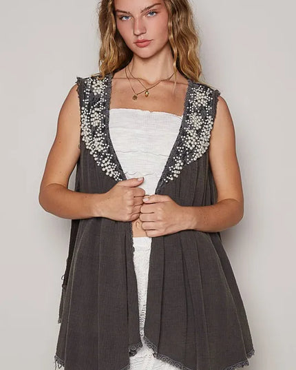 POL Embroidered Pearls Open Front Sleeveless Cardigan - Sleekdenim.com