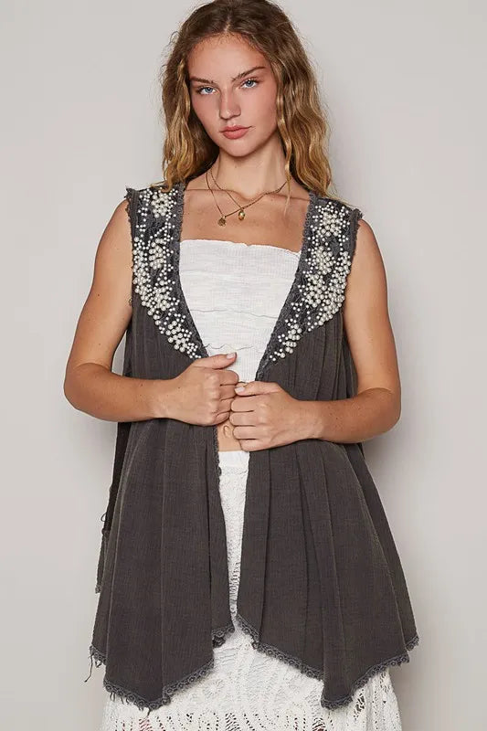 POL Embroidered Pearls Open Front Sleeveless Cardigan - Sleekdenim.com