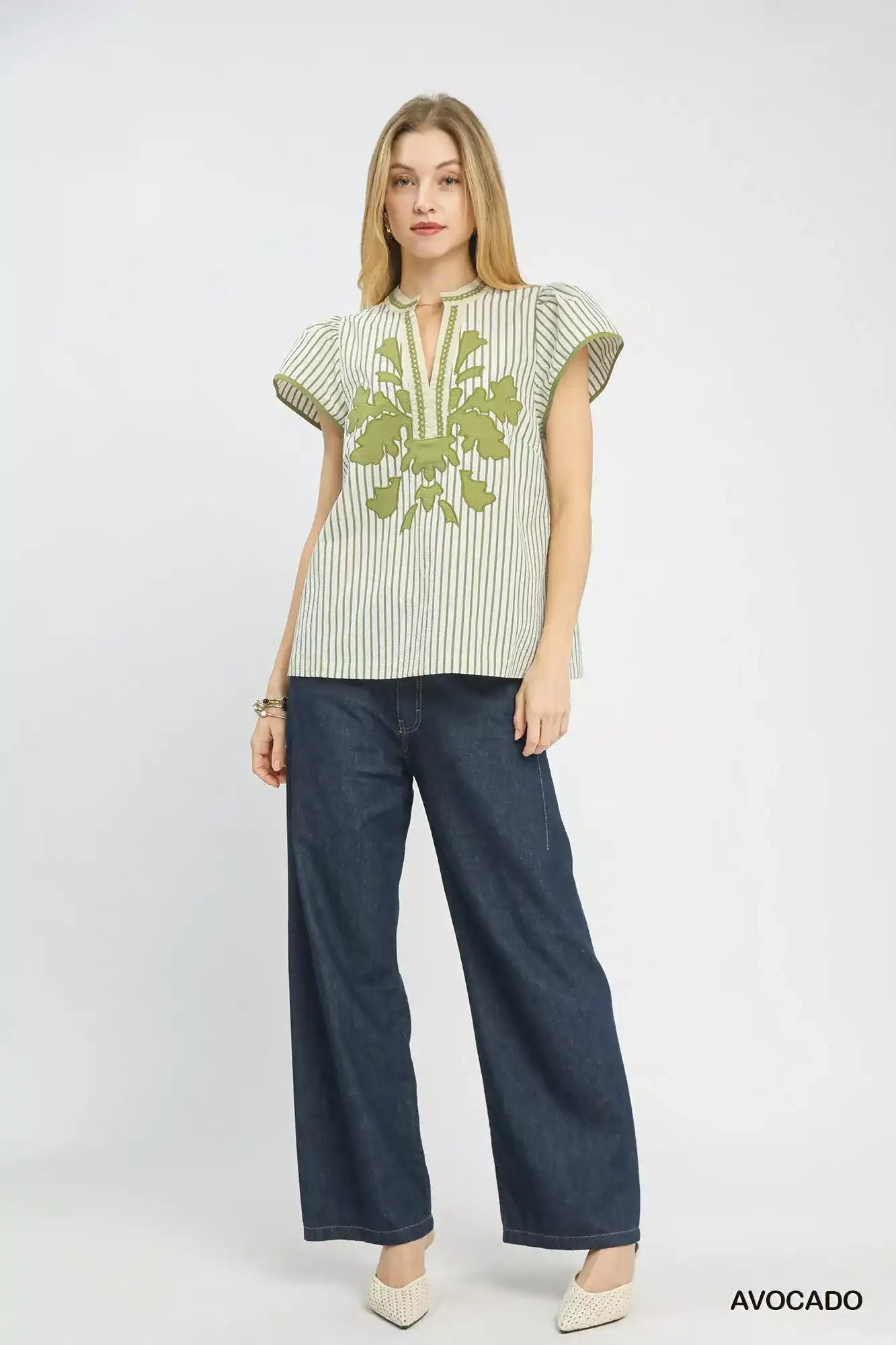 Umgee V-Neck Stripe Top with Lace Trim - Sleekdenim.com
