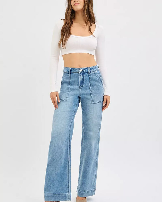 RISEN Full Size High Rise Straight Leg Jeans with Front Pockets Plus Size - Sleekdenim.com