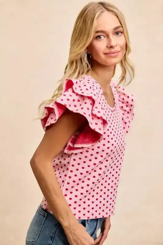 BiBi Heart Patterned Knit Ruffled Sleeves Top - Sleekdenim.com