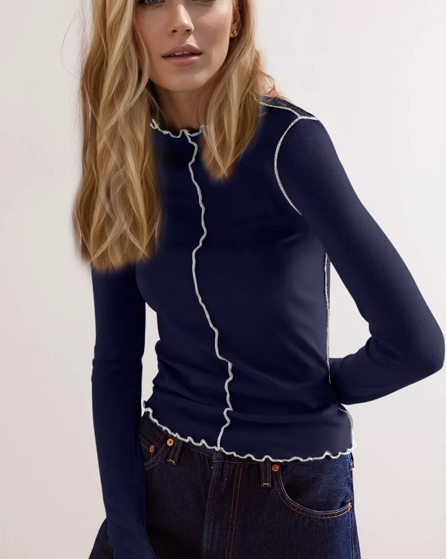 Basic Bae Contrast Trim Mock Neck Long Sleeve T-Shirt - Sleekdenim.com