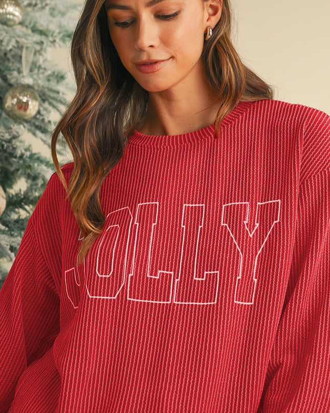 Fiery Red Crinkle Rib JOLLY Pattern Long Sleeve Top and Pockets Pants Set