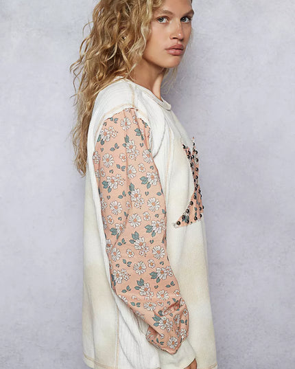 POL Exposed Seam Star Patch Thermal Top with Floral Sleeves - Sleekdenim.com