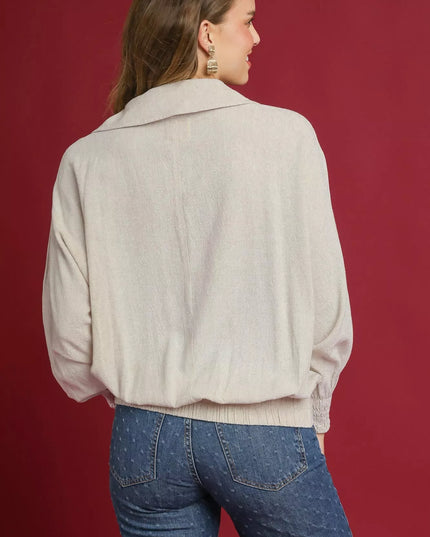 Umgee Linen Long Sleeves Elastic Hem Blouse - Sleekdenim.com