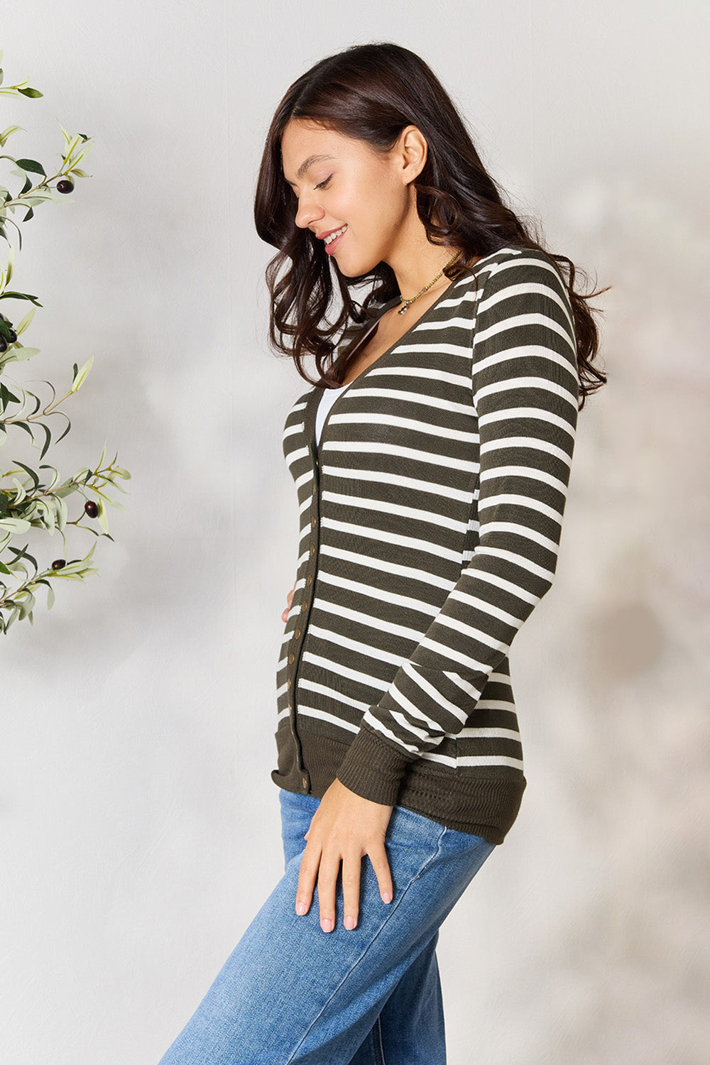 Zenana Full Size Striped Snap Down Cardigan | Sleekdenim.com