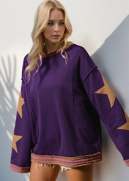 Double Take Star Patched Long Sleeve Sweatshirt - Sleekdenim.com