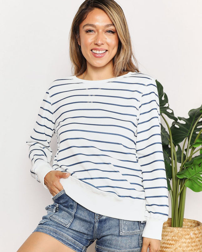 Double Take Striped Long Sleeve Round Neck Top - Sleekdenim.com