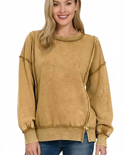 Zenana Acid Wash French Terry Exposed-Seam Sweatshirt - Sleekdenim.com