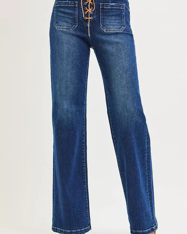 RISEN Full Size High Rise Wide Leg Jeans with Front Tie Detail Plus Size - Sleekdenim.com