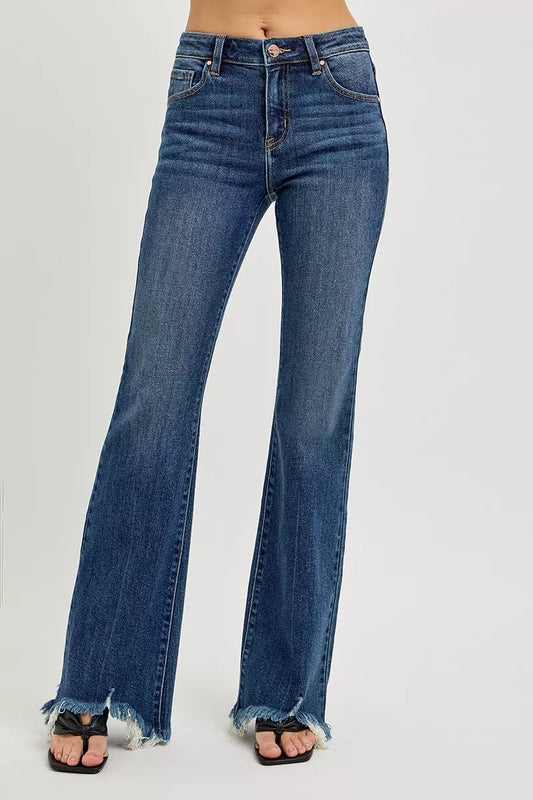 RISEN Full Size Mid Rise Flare Frayed Hem Jeans Plus Size - Sleekdenim.com