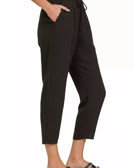 Zenana Woven Crepe Elastic Band Waist Pants - Sleekdenim.com