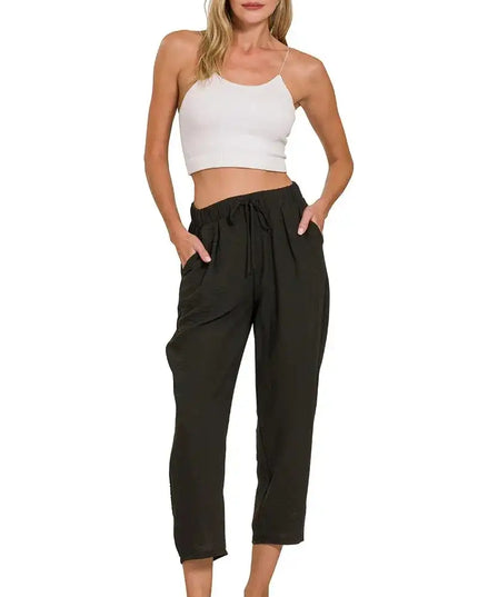 Zenana Woven Crepe Elastic Band Waist Pants - Sleekdenim.com
