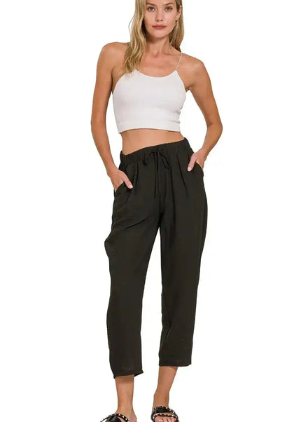 Zenana Woven Crepe Elastic Band Waist Pants - Sleekdenim.com