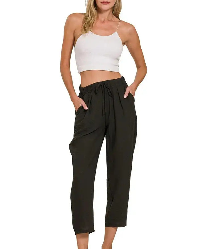 Zenana Woven Crepe Elastic Band Waist Pants - Sleekdenim.com