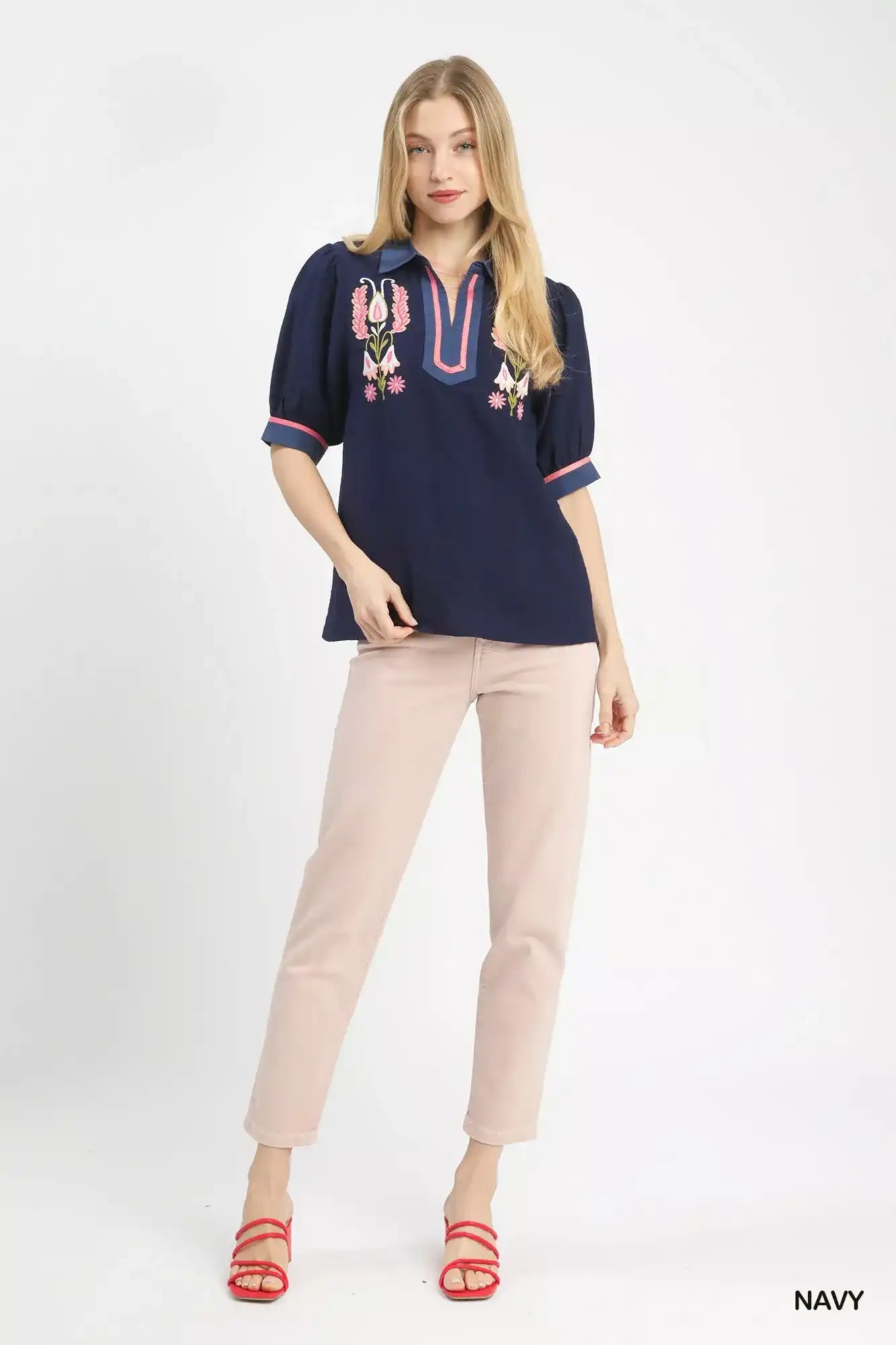 Umgee Embroidered Puff Sleeve Contrast Trim Top - Sleekdenim.com