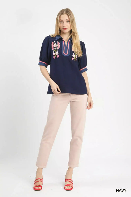 Umgee Embroidered Puff Sleeve Contrast Trim Top - Sleekdenim.com