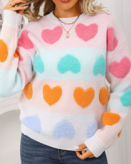 Valentine's Day Heart Pattern Fuzzy Knit Sweater - Sleekdenim.com