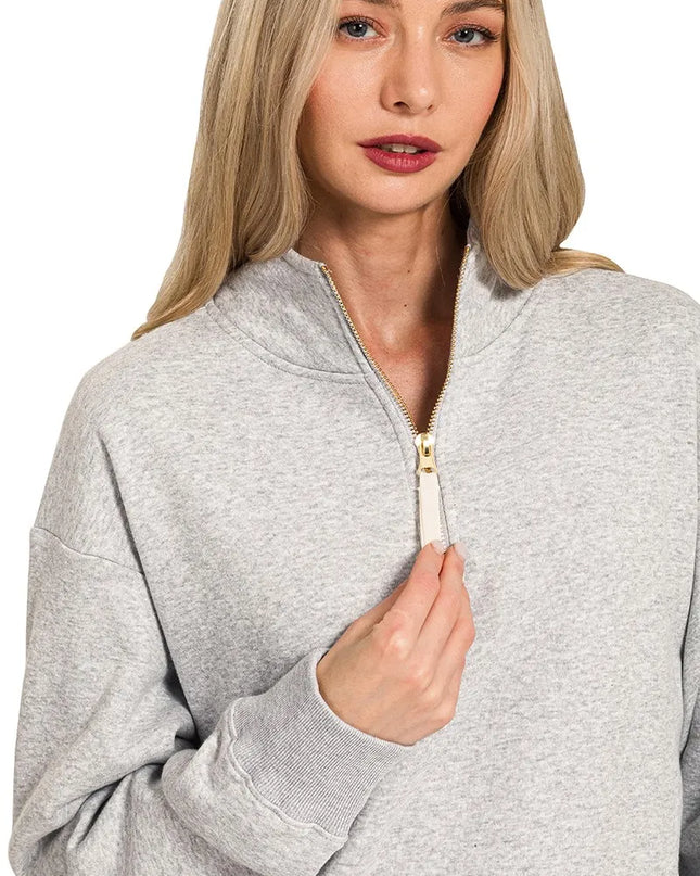Zenana Fleece Half Zip Sweatshirt - Sleekdenim.com