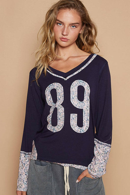 POL V-Neck Long Sleeve Floral Number Patch T-Shirt.