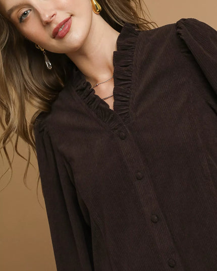 Umgee Corduroy Ruffle Shirt with Long Puff Sleeves - Sleekdenim.com