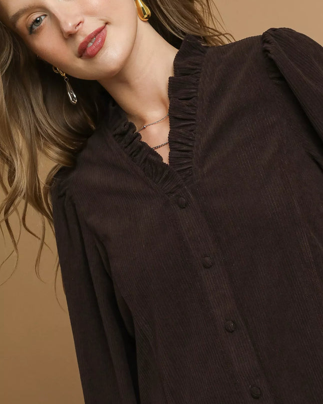Umgee Corduroy Ruffle Shirt with Long Puff Sleeves - Sleekdenim.com
