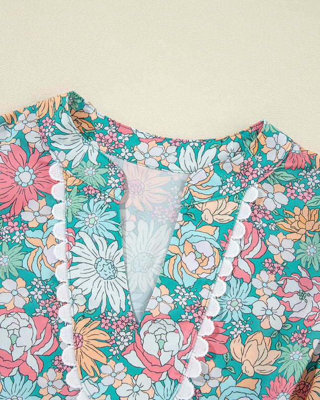 Multicolour Floral Print Short Puff Sleeve V Neck Boho Peplum Blouse - Sleekdenim.com