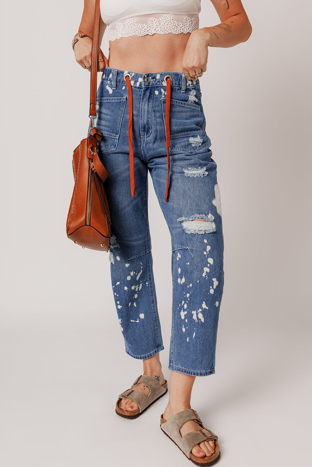 Ashleigh Blue Ripped Splattering Paint Cropped Straight Jeans - Sleekdenim.com