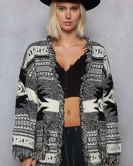 POL Open Front Geometric Print Cardigan with Fringe Detail - Sleekdenim.com