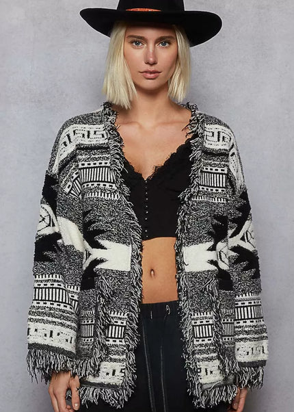 POL Open Front Geometric Print Cardigan with Fringe Detail - Sleekdenim.com