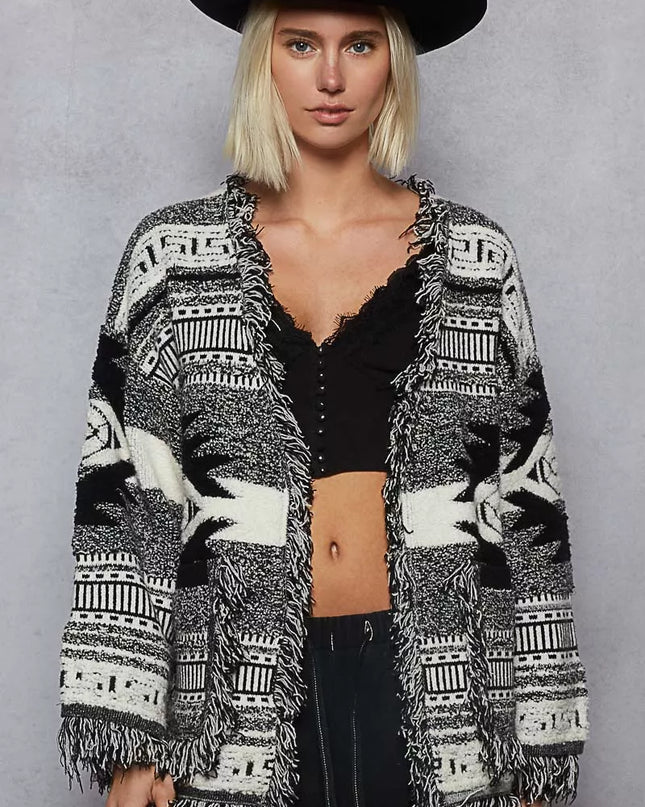 POL Open Front Geometric Print Cardigan with Fringe Detail - Sleekdenim.com