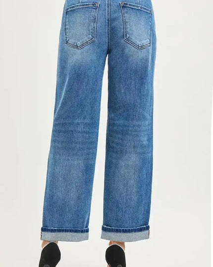 RISEN Elastic Band Slouch Ankle Boyfriend Cuffed Hem Jeans - Sleekdenim.com