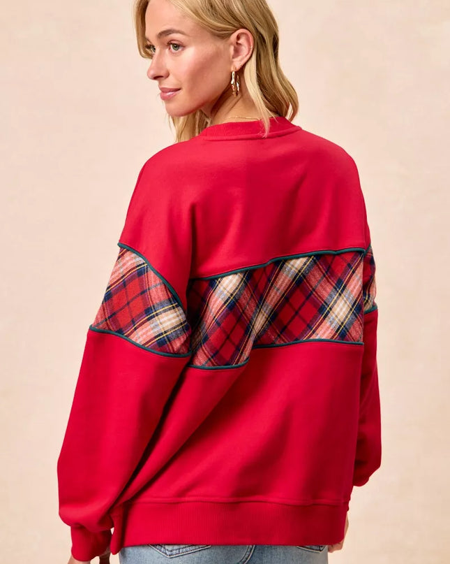 BiBi Christmas Theme Plaid Block Sweatshirt with Binding - Sleekdenim.com
