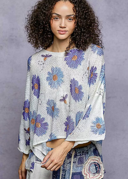 POL Floral Round Neck Rolling Edge Sweater - Sleekdenim.com