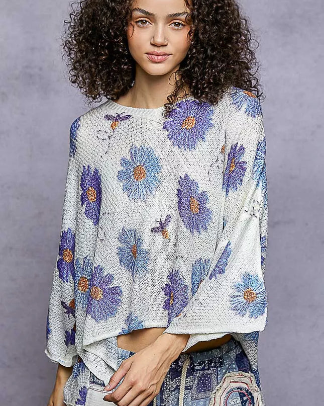 POL Floral Round Neck Rolling Edge Sweater - Sleekdenim.com