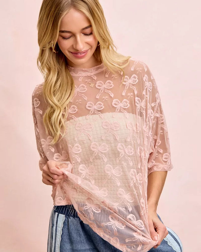 BiBi Bow Pattern Short Sleeves Boxy Mesh Top - Sleekdenim.com