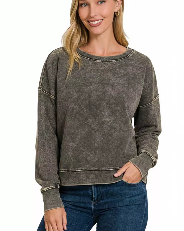 Zenana French Terry Acid Wash Boat Neck Sweatshirt - Sleekdenim.com