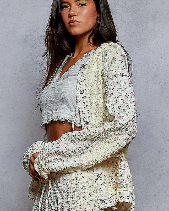 POL Floral Balloon Sleeve Hooded Lace Jacket with Stitch Detail - Sleekdenim.com