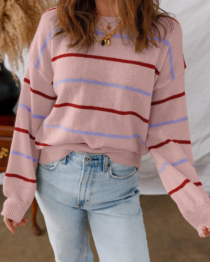 Stripe Ribbed Trim Drop Shoulder Sweater - Sleekdenim.com