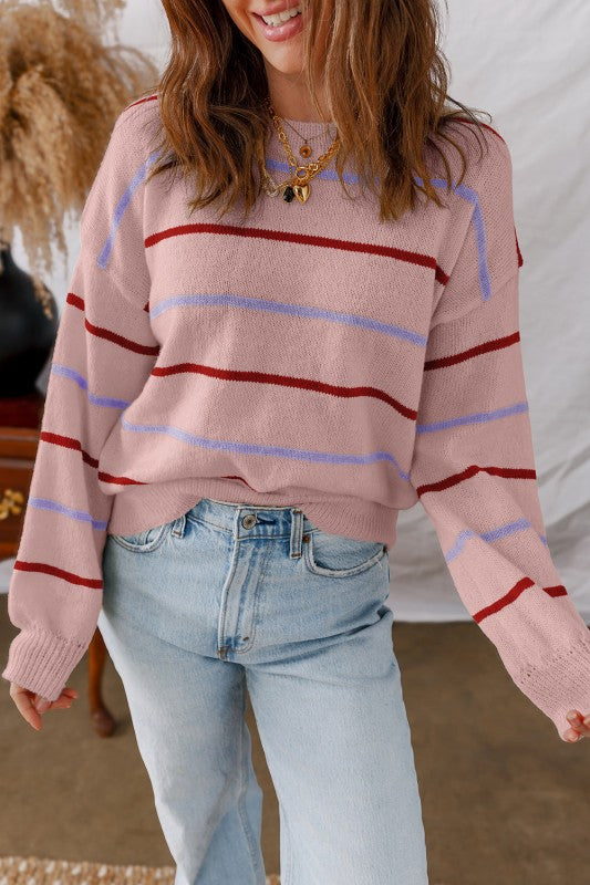Stripe Ribbed Trim Drop Shoulder Sweater - Sleekdenim.com