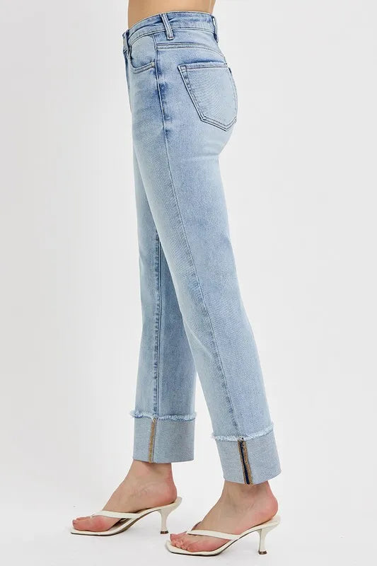 RISEN High Rise Straight Cuffed Relaxed Jeans - Sleekdenim.com