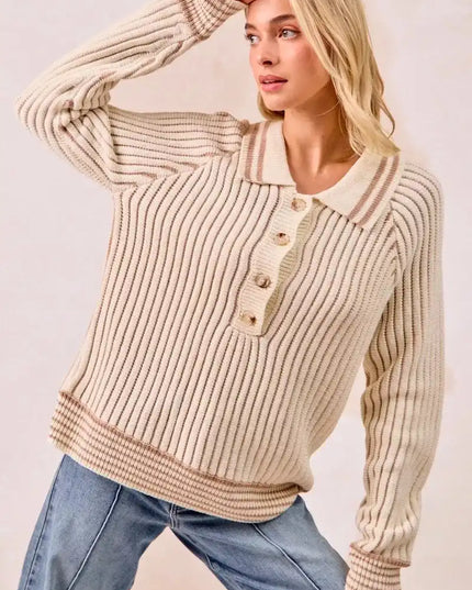 BiBi Half Button Ribbed Two Tone Sweater - Sleekdenim.com