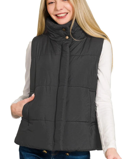 Zenana High Neck Zip-Up Vest Coat - Sleekdenim.com