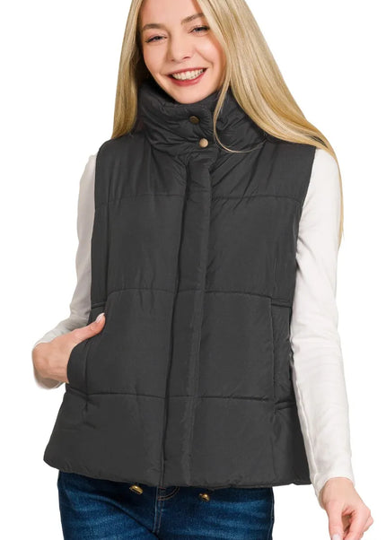 Zenana High Neck Zip-Up Vest Coat - Sleekdenim.com