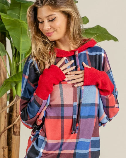 BiBi Plaid Mirr Brushed Rib Contrast Thumb Open Hoodie - Sleekdenim.com