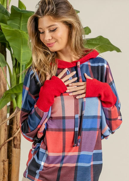 BiBi Plaid Mirr Brushed Rib Contrast Thumb Open Hoodie - Sleekdenim.com