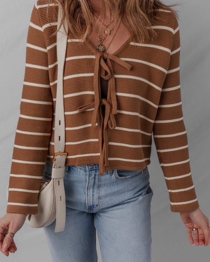 Stripe Tie-Front V-Neck Cardigan Sweater - Sleekdenim.com