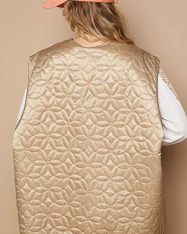 POL Front Zipper Floral Pattern Quilted Vest Coat with Front Pockets - Sleekdenim.com